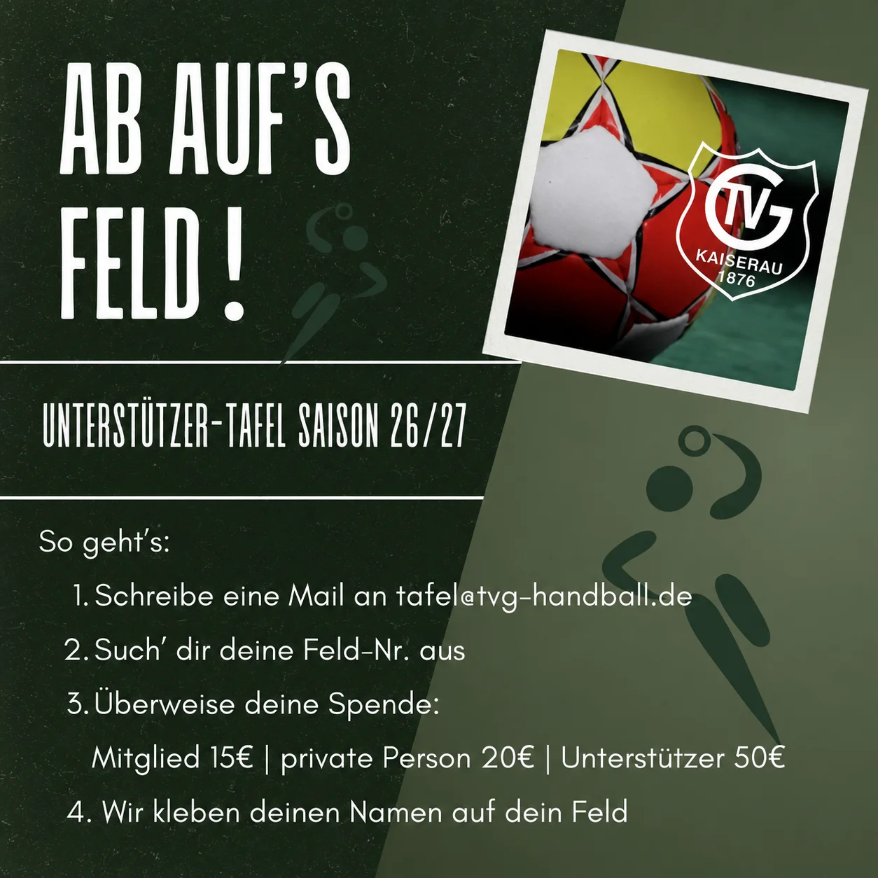 Unterstützertafel des TVG Kaiserau als Handballfeld mit belegten und freien Feldern